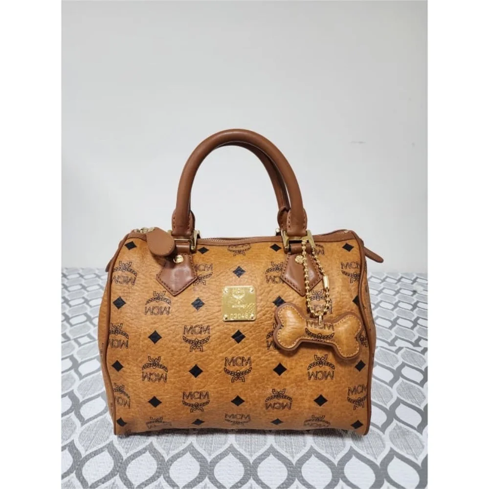 Authentic MCM Visetos Essential Boston Dog Bone Bag Cognac - Picture 1 of 11